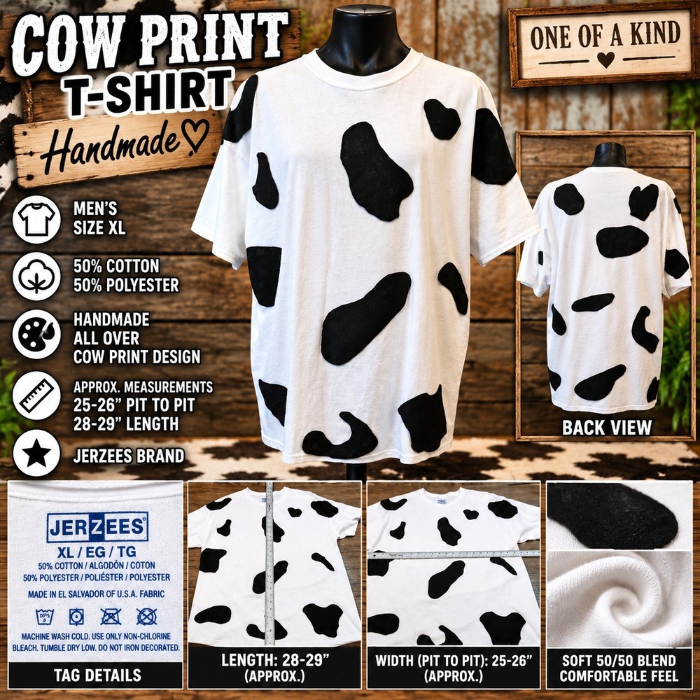Jerzees Cow Print T-Shirt Mens XL White Black Handmade Animal Spot Tee